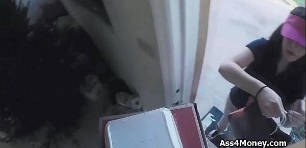 Pizza delivery girl fucks for cash on video